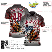 Laden Sie das Bild in den Galerie-Viewer, Custom Gray Crimson-White 3D American Flag Splash Flame Skull Bowling Performance Polo Shirt
