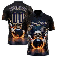 Laden Sie das Bild in den Galerie-Viewer, Custom Navy Vegas Gold 3D Flame Leopard Print Skull Bowling Performance Polo Shirt
