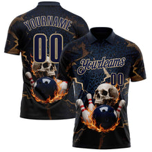 Laden Sie das Bild in den Galerie-Viewer, Custom Navy Vegas Gold 3D Flame Leopard Print Skull Bowling Performance Polo Shirt
