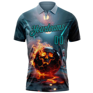 Custom Blue Teal-Black 3D Flame Skull Bowling Performance Polo Shirt