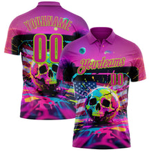 Laden Sie das Bild in den Galerie-Viewer, Custom Deep Pink Neon Green 3D American Flag Graffiti Splash Skull Bowling Performance Polo Shirt
