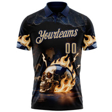 Charger l&#39;image dans la galerie, Custom Navy Vegas Gold 3D Flame Skull Bowling Performance Polo Shirt
