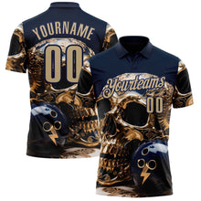 Laden Sie das Bild in den Galerie-Viewer, Custom Navy Vegas Gold 3D Metal Skull Bowling Performance Polo Shirt
