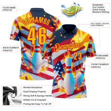 Laden Sie das Bild in den Galerie-Viewer, Custom Navy Gold-Red 3D American Flag Flame Bowling Performance Polo Shirt
