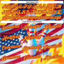 Laden Sie das Bild in den Galerie-Viewer, Custom Navy Gold-Red 3D American Flag Flame Bowling Performance Polo Shirt
