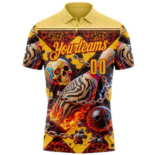 Load image into Gallery viewer, Custom Gold Yellow-Red 3D Flame Skull Bowling Performance Polo Shirt
