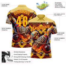 Load image into Gallery viewer, Custom Gold Yellow-Red 3D Flame Skull Bowling Performance Polo Shirt
