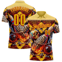 Load image into Gallery viewer, Custom Gold Yellow-Red 3D Flame Skull Bowling Performance Polo Shirt
