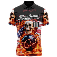Laden Sie das Bild in den Galerie-Viewer, Custom Black White 3D American Flag Flame Lightning Skull Bowling Performance Polo Shirt
