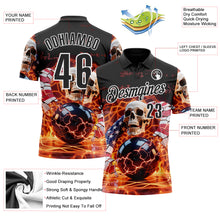 Laden Sie das Bild in den Galerie-Viewer, Custom Black White 3D American Flag Flame Lightning Skull Bowling Performance Polo Shirt

