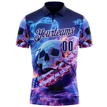 Laden Sie das Bild in den Galerie-Viewer, Custom Navy Dark Purple-White 3D American Flag Flame Lightning Skull Bowling Performance Polo Shirt
