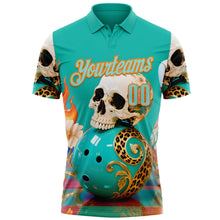 Laden Sie das Bild in den Galerie-Viewer, Custom Blue Ice Blue-Bay Orange 3D Floral Leopard Print Flame Skull Bowling Performance Polo Shirt
