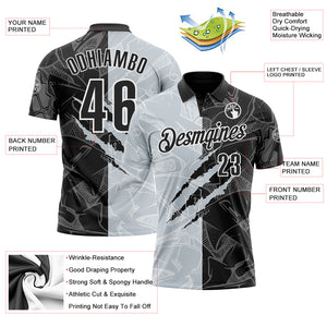 Custom Graffiti Pattern Black Silver-White 3D Scratch Performance Polo Shirt