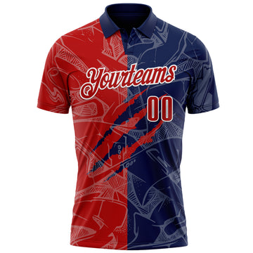 Custom Graffiti Pattern Red Navy-White 3D Scratch Performance Polo Shirt