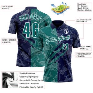 Custom Graffiti Pattern Teal Navy-White 3D Scratch Performance Polo Shirt
