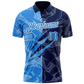Custom Graffiti Pattern Powder Blue Navy-White 3D Scratch Performance Polo Shirt