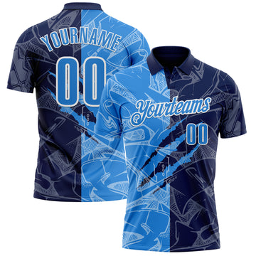 Custom Graffiti Pattern Powder Blue Navy-White 3D Scratch Performance Polo Shirt