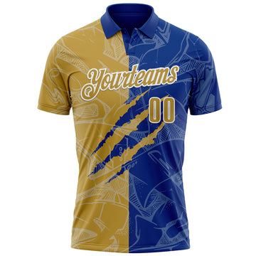 Custom Graffiti Pattern Old Gold Royal-White 3D Scratch Performance Polo Shirt