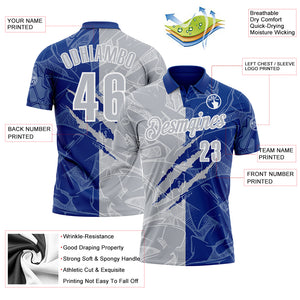 Custom Graffiti Pattern Gray Royal-White 3D Scratch Performance Polo Shirt
