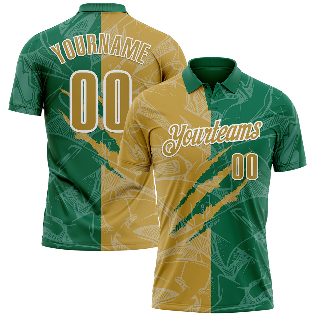 Custom Graffiti Pattern Old Gold Kelly Green-White 3D Scratch Performance Polo Shirt