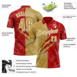 Custom Graffiti Pattern Old Gold Red-White 3D Scratch Performance Polo Shirt