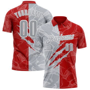 Custom Graffiti Pattern Gray Red-White 3D Scratch Performance Polo Shirt