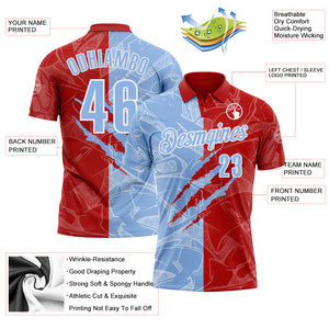 Custom Graffiti Pattern Light Blue Red-White 3D Scratch Performance Polo Shirt