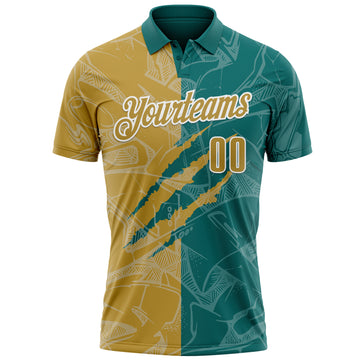 Custom Graffiti Pattern Old Gold Teal-White 3D Scratch Performance Polo Shirt