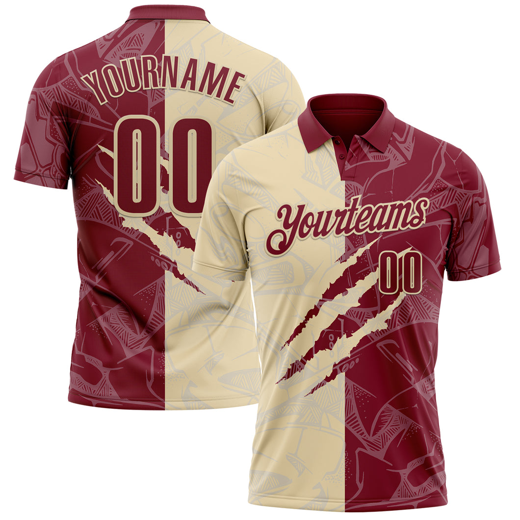 Custom Graffiti Pattern Crimson-Cream 3D Scratch Performance Polo Shirt
