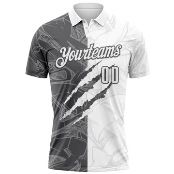 Custom Graffiti Pattern White-Steel Gray 3D Scratch Performance Polo Shirt