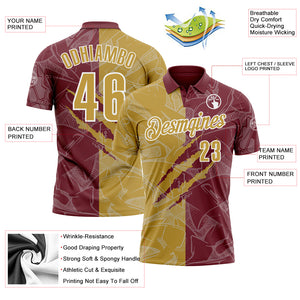 Custom Graffiti Pattern Old Gold Burgundy-White 3D Scratch Performance Polo Shirt