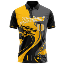Laden Sie das Bild in den Galerie-Viewer, Custom Black Gold Steel Gray-White 3D Pattern Design Animal Wolf And Splash Performance Polo Shirt
