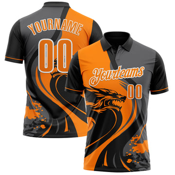 Custom Black Bay Orange Steel Gray-White 3D Pattern Design Animal Wolf And Splash Performance Polo Shirt
