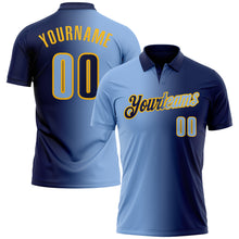 Load image into Gallery viewer, Custom Navy Light Blue-Gold 3D Gradient Fashion Performance Polo Shirt
