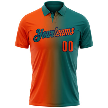 Custom Teal Orange-Navy 3D Gradient Fashion Performance Polo Shirt