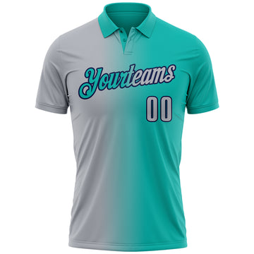 Custom Aqua Gray-Navy 3D Gradient Fashion Performance Polo Shirt