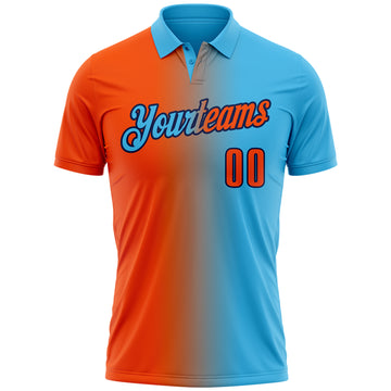 Custom Sky Blue Orange-Navy 3D Gradient Fashion Performance Polo Shirt