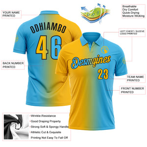 Custom Sky Blue Gold-Black 3D Gradient Fashion Performance Polo Shirt