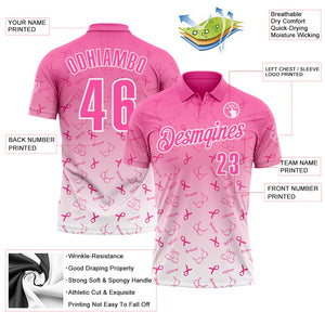 Custom Pink White 3D Gradient Pink Ribbon Breast Cancer Awareness Month Women Health Care Support Performance Polo Shirt