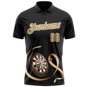 Custom Black Old Gold-White 3D Pattern Design Gold Ribbon Childhood Cancer Awareness Darts Performance Polo Shirt