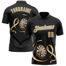 Charger l&#39;image dans la galerie, Custom Black Old Gold-White 3D Pattern Design Gold Ribbon Childhood Cancer Awareness Darts Performance Polo Shirt
