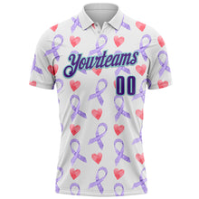 Charger l&#39;image dans la galerie, Custom White Purple-Ice Blue 3D Pattern Design Perwinkle Ribbon Gastric Cancer Awareness Hearts Performance Polo Shirt
