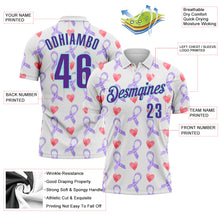 Charger l&#39;image dans la galerie, Custom White Purple-Ice Blue 3D Pattern Design Perwinkle Ribbon Gastric Cancer Awareness Hearts Performance Polo Shirt
