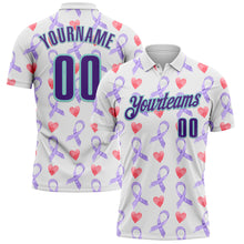 Charger l&#39;image dans la galerie, Custom White Purple-Ice Blue 3D Pattern Design Perwinkle Ribbon Gastric Cancer Awareness Hearts Performance Polo Shirt
