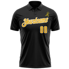 Laden Sie das Bild in den Galerie-Viewer, Custom Black Gold-White 3D Pattern Design Yellow Ribbon Bone Cancer Awareness Leopard Pattern Football Performance Polo Shirt
