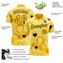 Laden Sie das Bild in den Galerie-Viewer, Custom Gold Navy 3D Pattern Design Yellow Ribbon Bone Cancer Awareness Performance Polo Shirt
