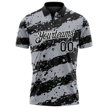 Custom Black Gray-White Paint Splash Stripe Performance Polo Shirt