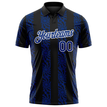 Custom Black Royal-White 3D Pattern Abstract Floral Stripe Tribal Performance Polo Shirt
