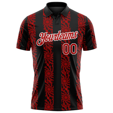 Custom Black Red-White 3D Pattern Abstract Floral Stripe Tribal Performance Polo Shirt