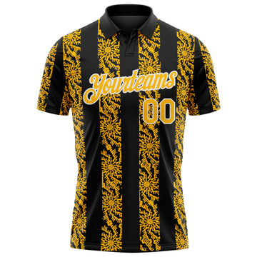 Custom Black Gold-White 3D Pattern Abstract Floral Stripe Tribal Performance Polo Shirt